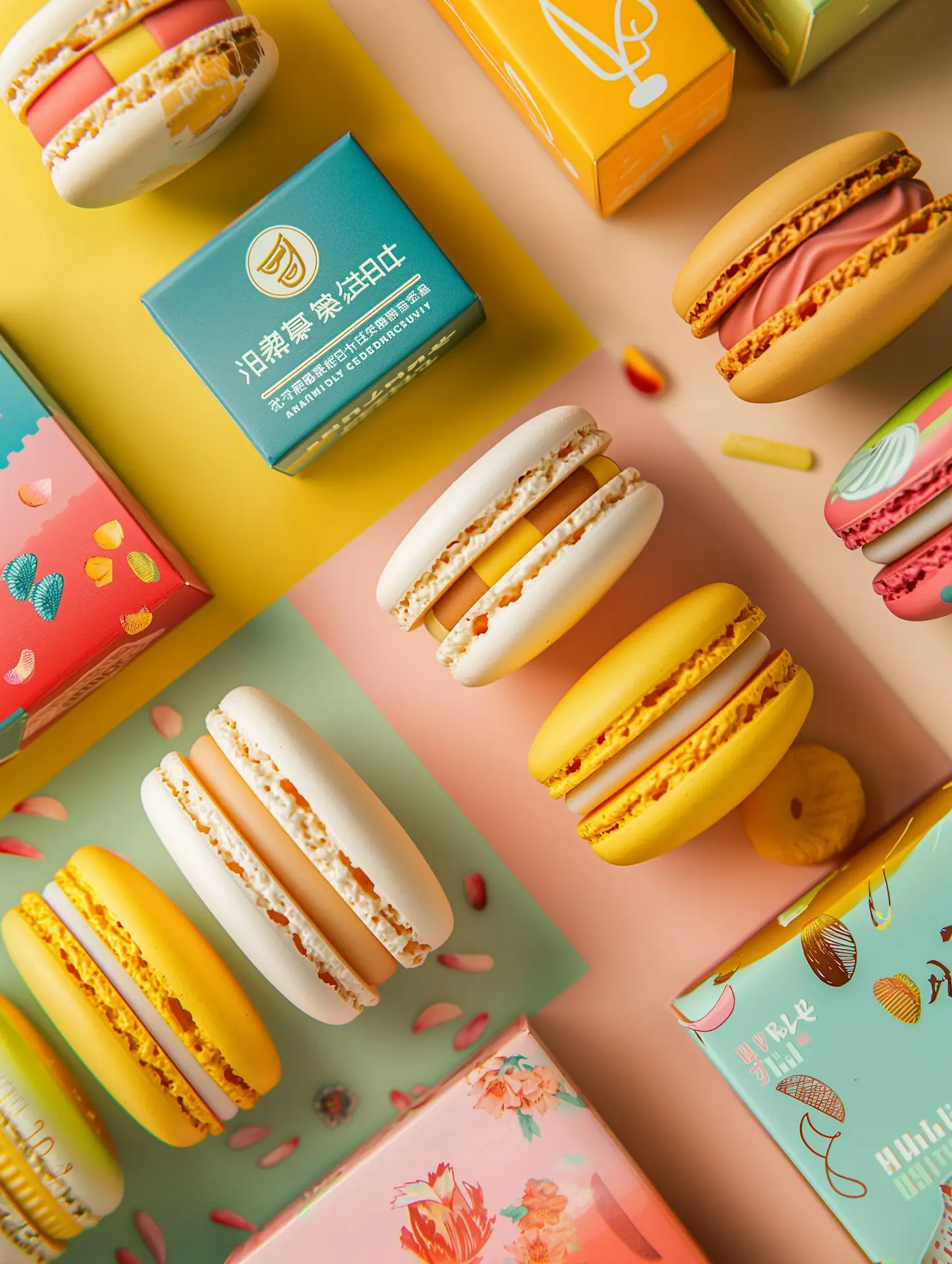 Colorful Assortment Of Macarons And Packaging